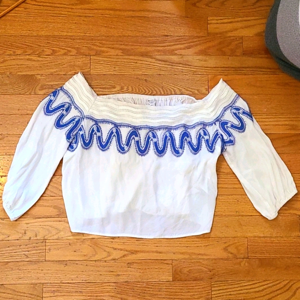 Guess White and Blue Peasant Crop Top